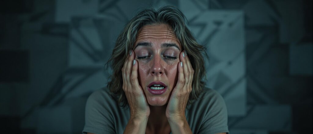 Woman with distressed expression, holding her face, conveying anxiety and emotional struggle, reflecting the challenges of completing a dissertation while managing PTSD.