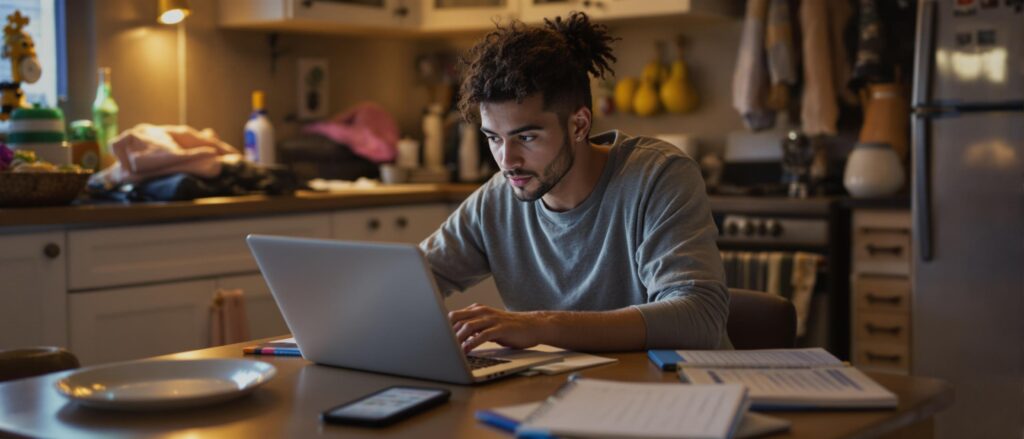 Person focused on laptop in a cozy kitchen, working on dissertation with papers and a smartphone nearby, illustrating challenges faced by part-time PhD students.