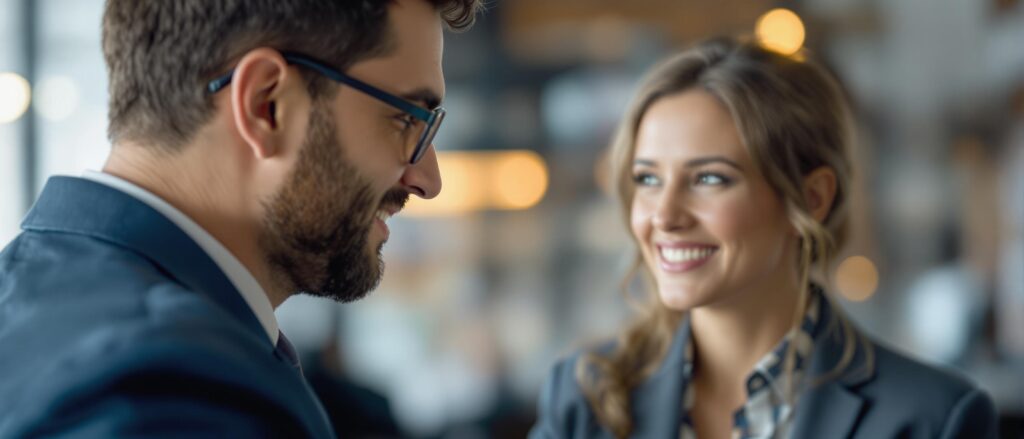 Professional interaction between a man and woman in business attire, smiling and engaging in conversation, reflecting collaboration in academic consultancy.