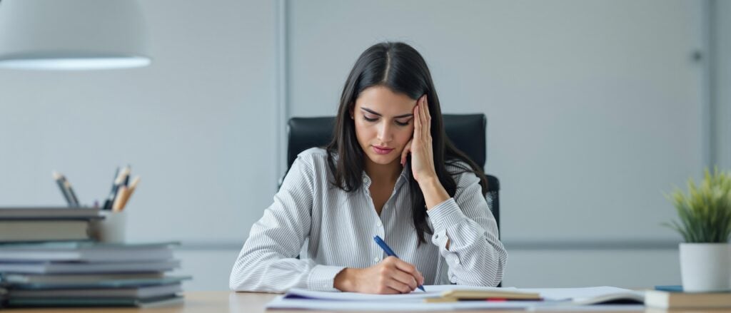 Woman sitting at a desk, looking stressed while writing, surrounded by stacks of papers, illustrating the challenges of dissertation writing.