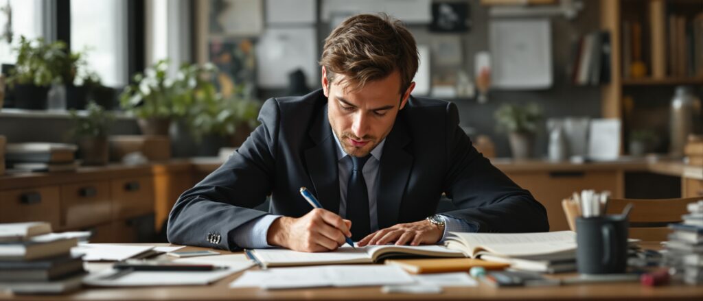 Man in a suit writing notes at a desk filled with books and academic materials, illustrating the authentic dissertation writing process.