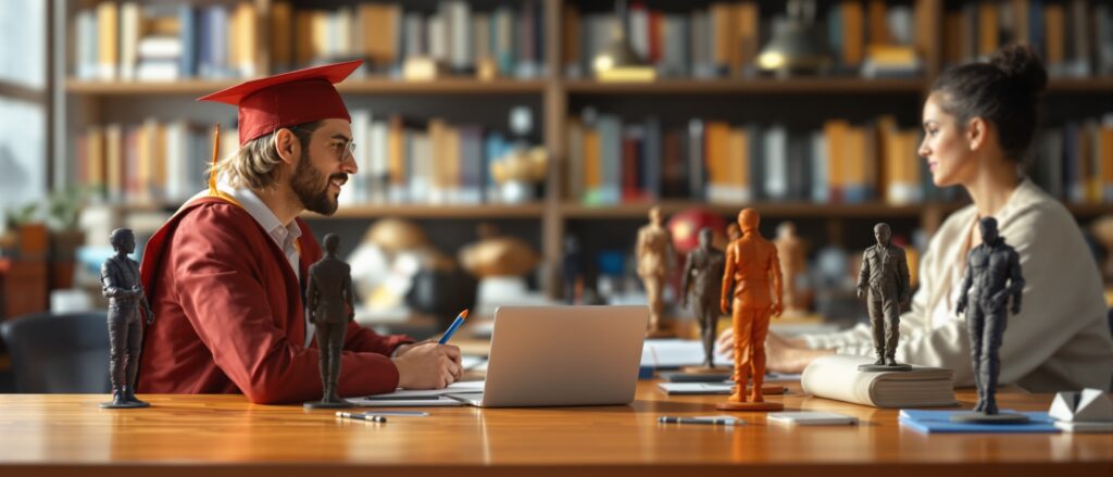 Graduate student in cap and gown collaborating with mentor at desk, focused on dissertation writing, surrounded by figurines and books, emphasizing academic partnership and support.