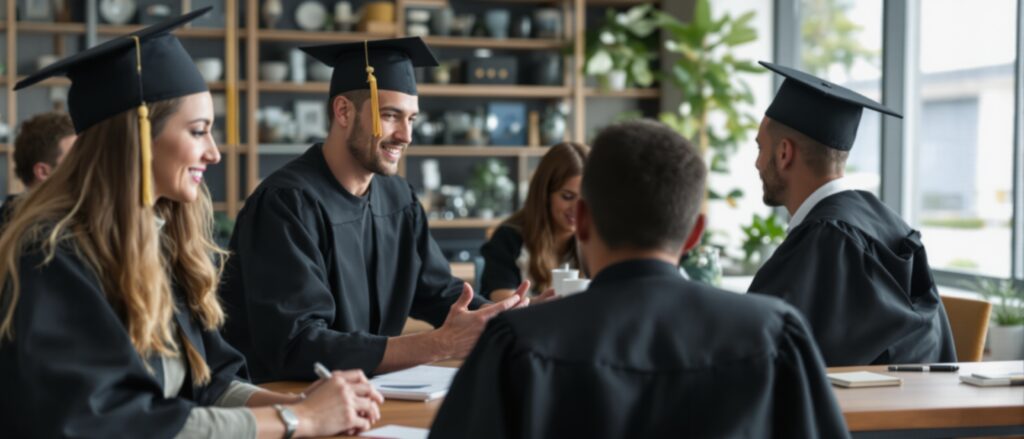 Group of graduate students in caps and gowns collaborating on dissertation writing, engaged in discussion around a table with notebooks and a plant backdrop.