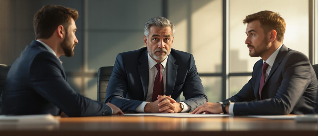 Three professionals in business attire engaged in a serious discussion at a conference table, emphasizing the importance of academic integrity in career advancement and dissertation success.