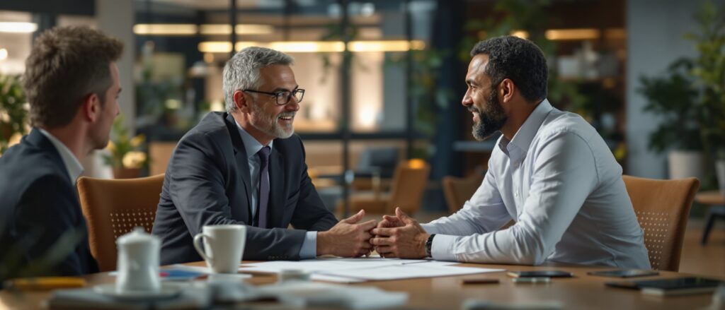 Professional men discussing dissertation strategies in a modern office setting, highlighting collaborative coaching and academic integrity.