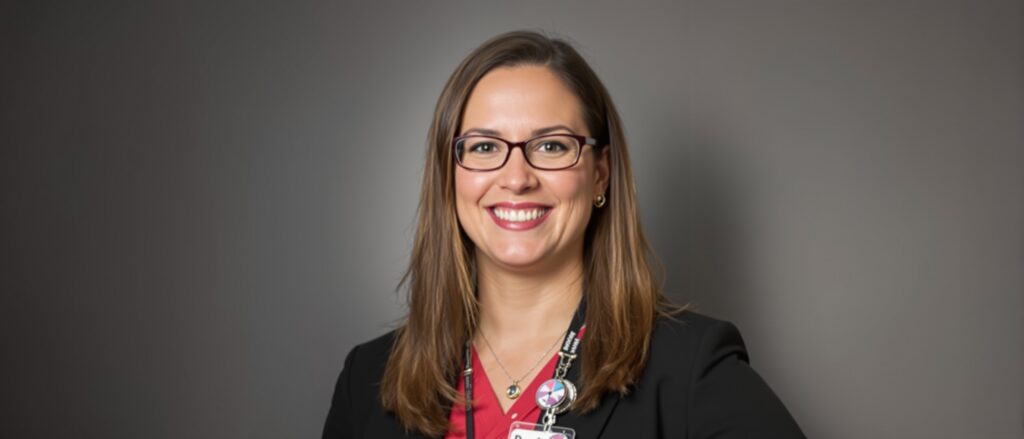 Smiling nursing PhD student with glasses, wearing a professional outfit, representing success in dissertation completion with expert writing assistance.