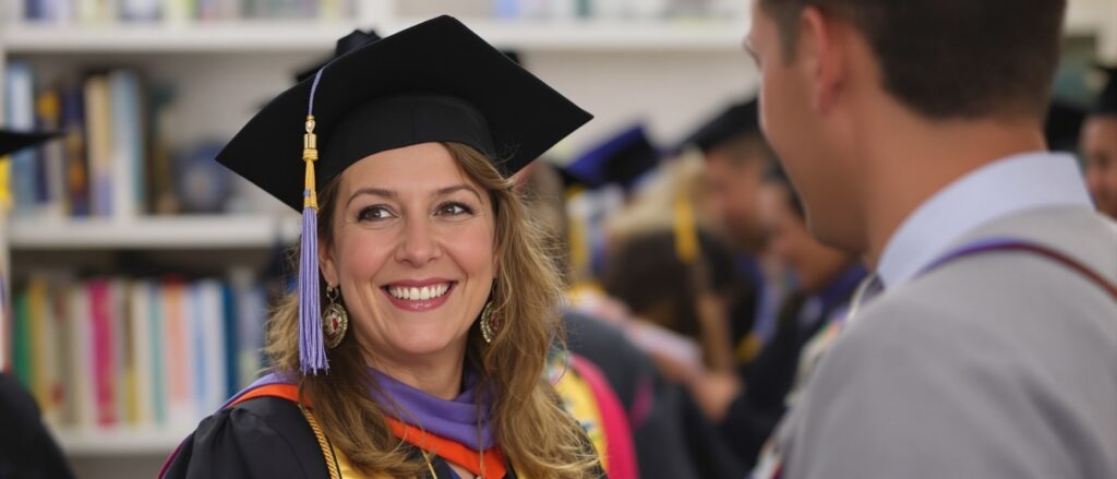 Smiling graduate in cap and gown celebrating academic achievement, surrounded by peers, highlighting success in dissertation completion.