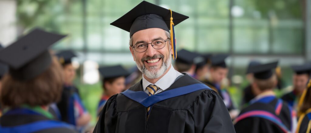 Graduating student in cap and gown smiling confidently, surrounded by fellow graduates in academic attire, symbolizing achievement and support in dissertation writing.
