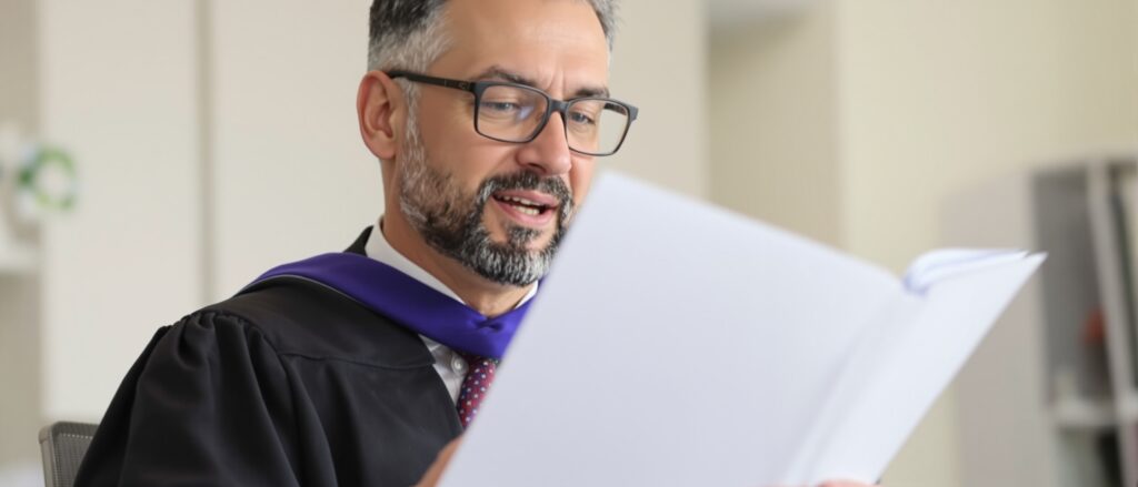 Man in academic regalia reviewing dissertation proposal, illustrating professional guidance for doctoral students.