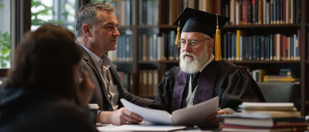 Professor in graduation attire discussing dissertation proposals with a student in a library, emphasizing academic alignment and guidance.