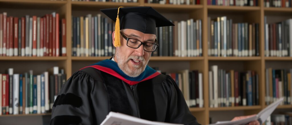 Professor in academic regalia reviewing dissertation documents in a library, symbolizing support for doctoral students navigating IRB approval processes.