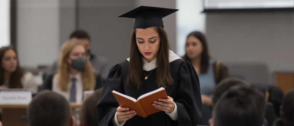 Graduating student in cap and gown reading from an orange book during dissertation defense, with audience members in background.