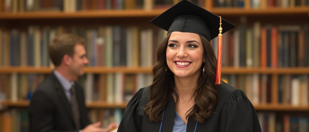 Graduating student in cap and gown smiling in library, symbolizing success and support in dissertation completion.
