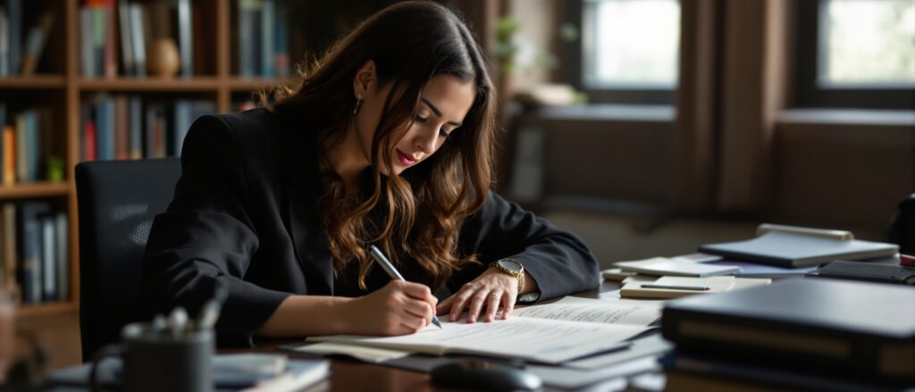 Woman in professional attire writing notes on dissertation papers at a desk surrounded by books and documents, emphasizing the importance of expert academic support for doctoral students.