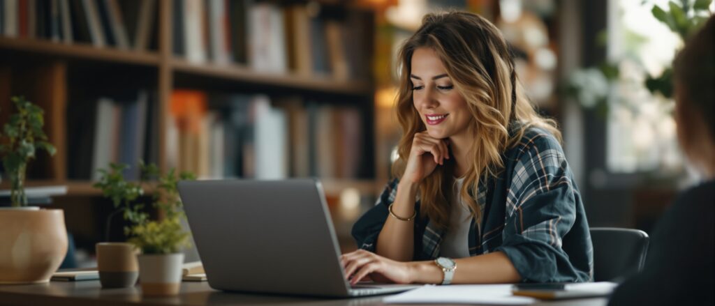 Woman focused on laptop in a cozy library setting, engaging with dissertation writing, surrounded by plants and books, emphasizing academic support and study environment.