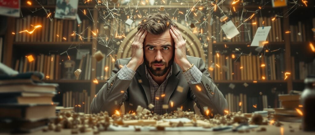 Man in a suit holding his head in frustration at a cluttered desk surrounded by books, symbolizing stress and overwhelm in dissertation writing.