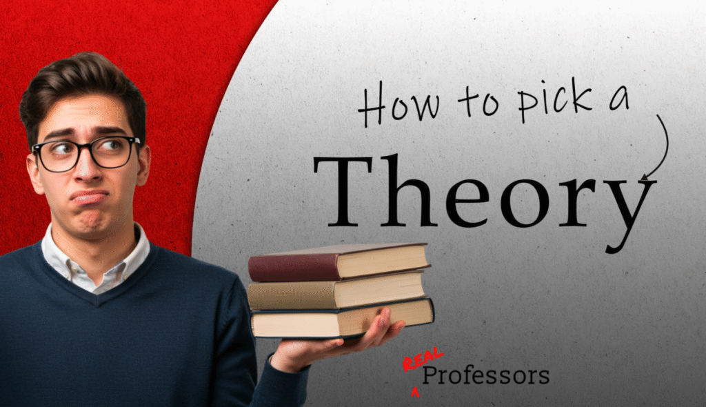 Student holding books with a puzzled expression, text overlay "How to pick a Theory," related to dissertation writing guidance from Real Professors.
