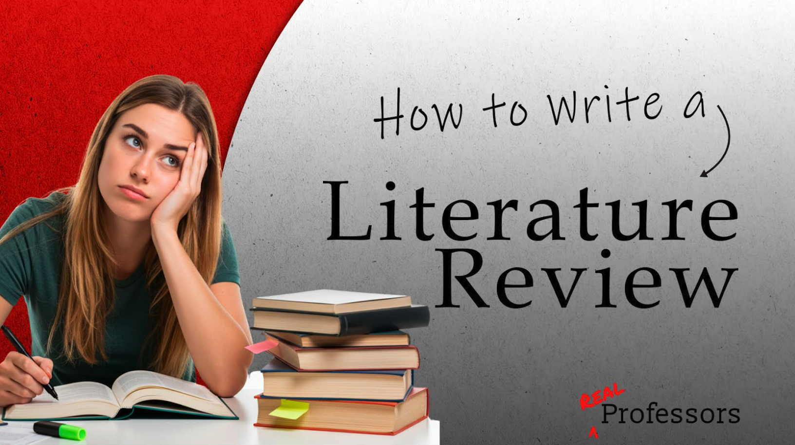 Student contemplating dissertation work with books and notes, featuring text "How to Write a Literature Review" and "Real Professors" logo.