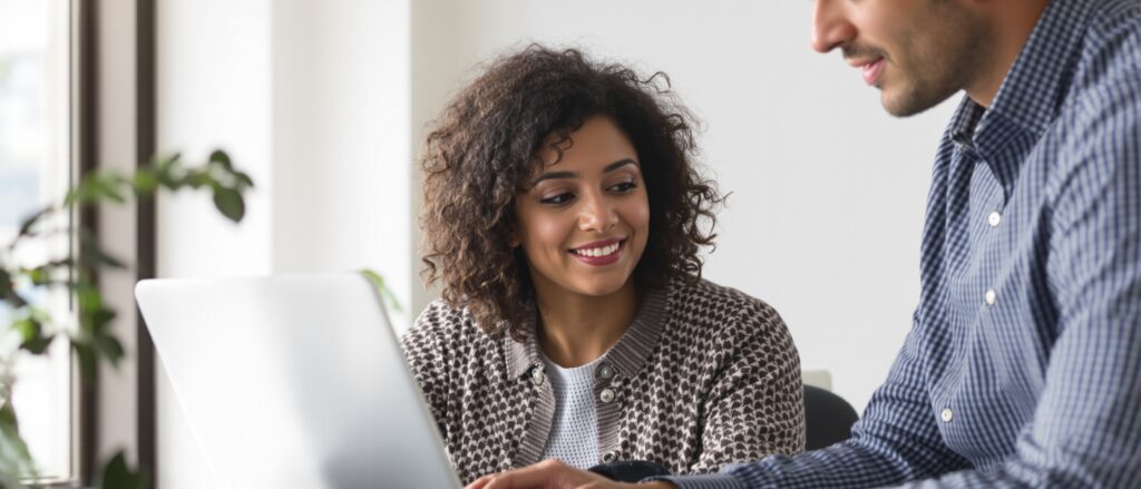Woman smiling while collaborating with a man on a laptop, illustrating mentorship and support in academic writing for online PhD students.