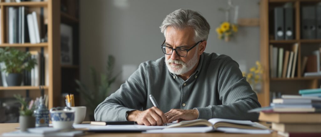 Older man writing notes in a notebook while working on dissertation literature review in a cozy study with books and plants.