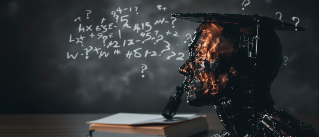 Robot with graduation cap pondering theoretical questions, surrounded by mathematical symbols and equations, symbolizing the importance of theory in dissertation writing.