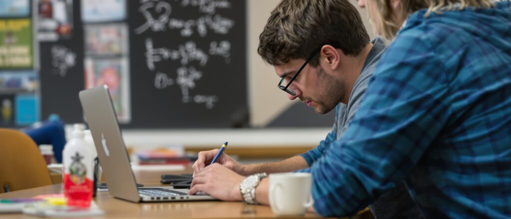 Students engaged in dissertation writing, focusing on research questions and theoretical frameworks, with a laptop and writing materials on a study table.