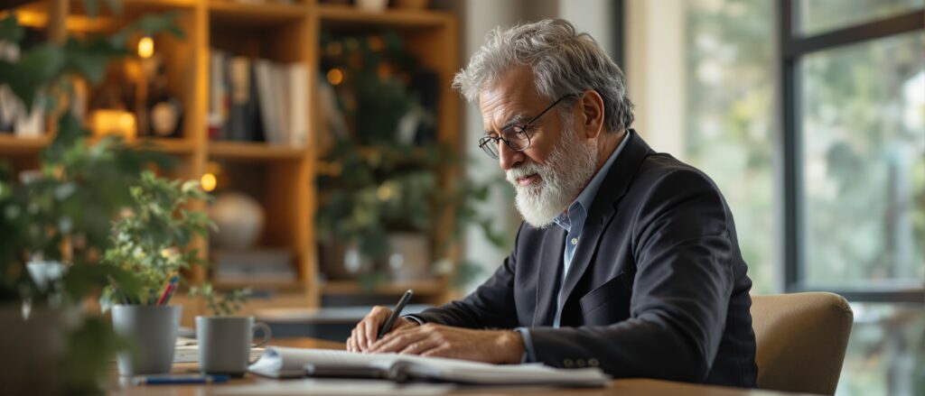 Older man with gray beard writing notes in a notebook at a desk surrounded by plants, illustrating the process of dissertation writing and theoretical framework development.
