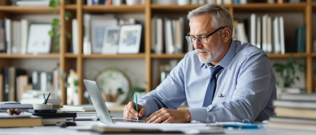 Man writing notes while working on a laptop in a study filled with books, emphasizing focus on dissertation writing and research question development.