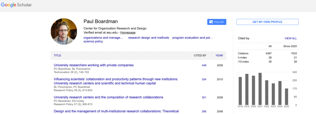 Screenshot of a Google Scholar profile for Paul Boardman, displaying research publications, citation metrics, and academic contributions relevant to dissertation mentoring and support.