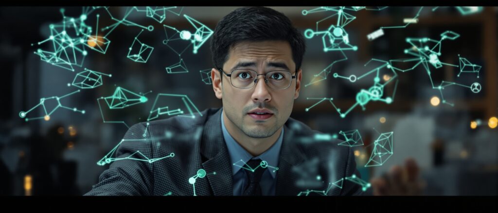 Man in a suit with glasses, looking thoughtfully at digital data visualizations, symbolizing the analytical process of dissertation writing and research support.