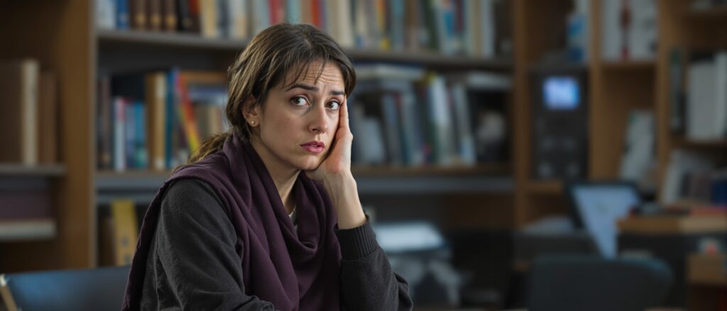 Concerned student in a library setting, reflecting frustration over dissertation challenges and conflicting feedback.