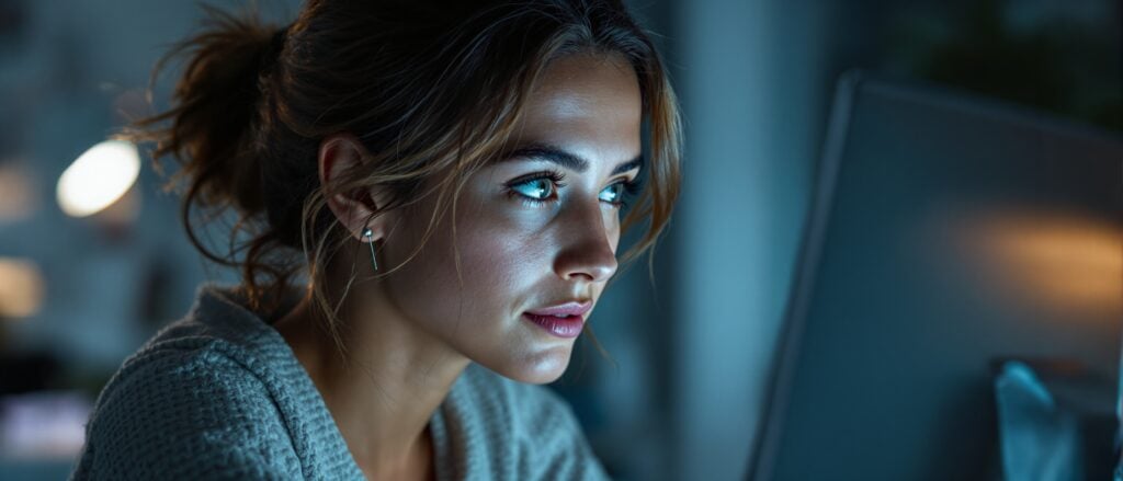 Woman focused on computer screen late at night, reflecting the challenges of dissertation writing and methodology revision.