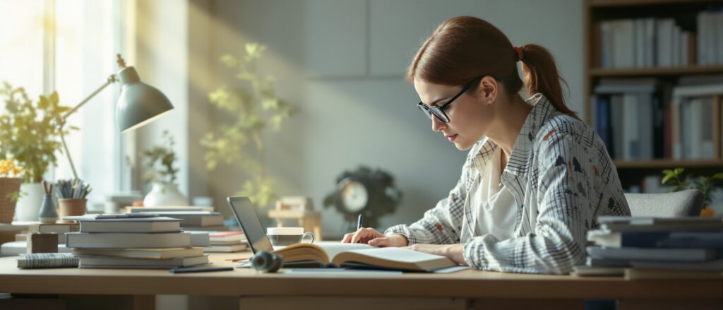 Woman studying at a desk filled with books and a laptop, focused on dissertation writing in a well-lit, organized workspace.