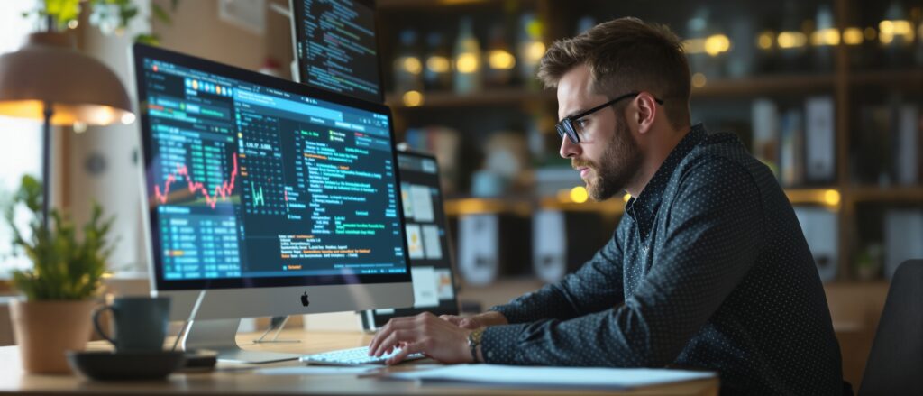 Man working on a dissertation at a computer, analyzing data and research, with multiple screens displaying information in a cozy study environment.