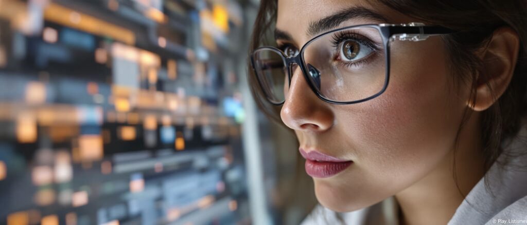 Close-up of a focused woman wearing glasses, analyzing data on a computer screen, representing the intense concentration required for dissertation writing.