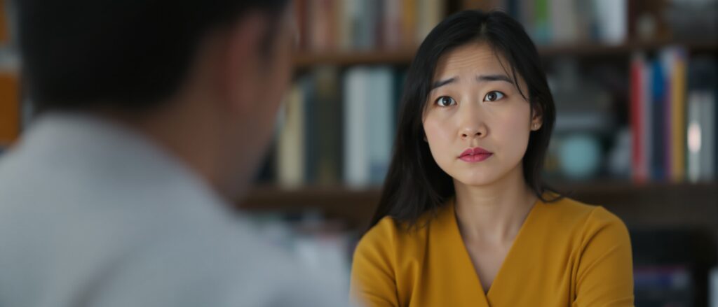 Woman in yellow top looking concerned during a dissertation consultation, surrounded by bookshelves, emphasizing the importance of personalized academic support.