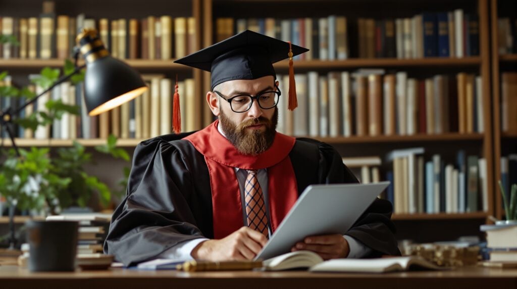 Graduate student in academic regalia studying presentation slides in a library, emphasizing dissertation defense preparation and effective slide design.