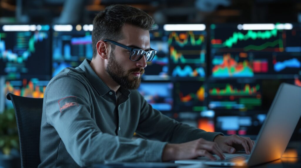 Man working on a laptop in front of multiple digital screens displaying statistical data and charts, illustrating data analysis for dissertation writing.