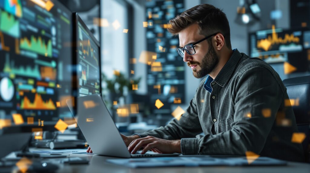 Man working intently on a laptop surrounded by data visualizations and charts, illustrating the process of dissertation data analysis and review.