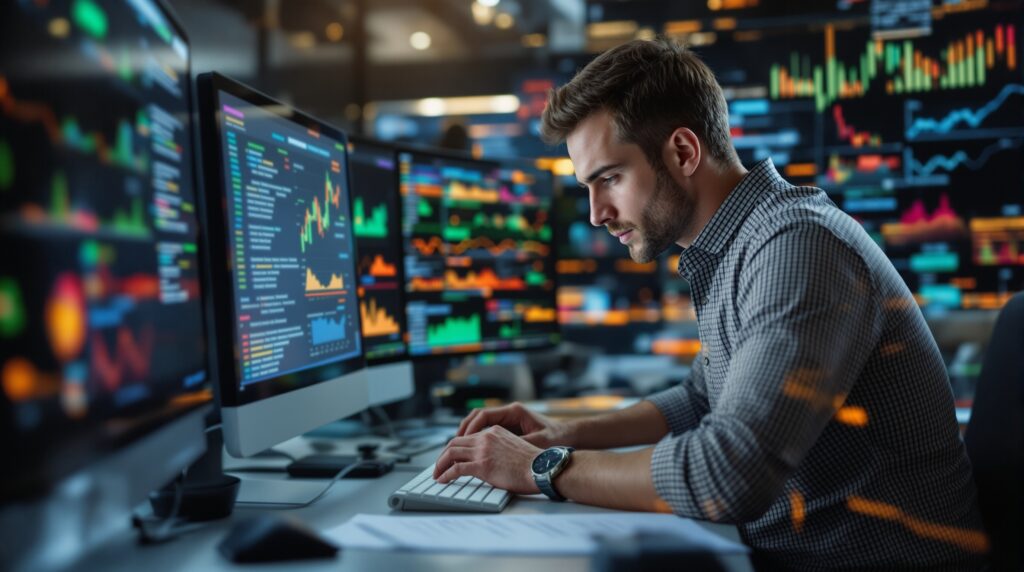Man analyzing data on multiple screens, focused on statistical methods for dissertation research, surrounded by colorful graphs and charts.