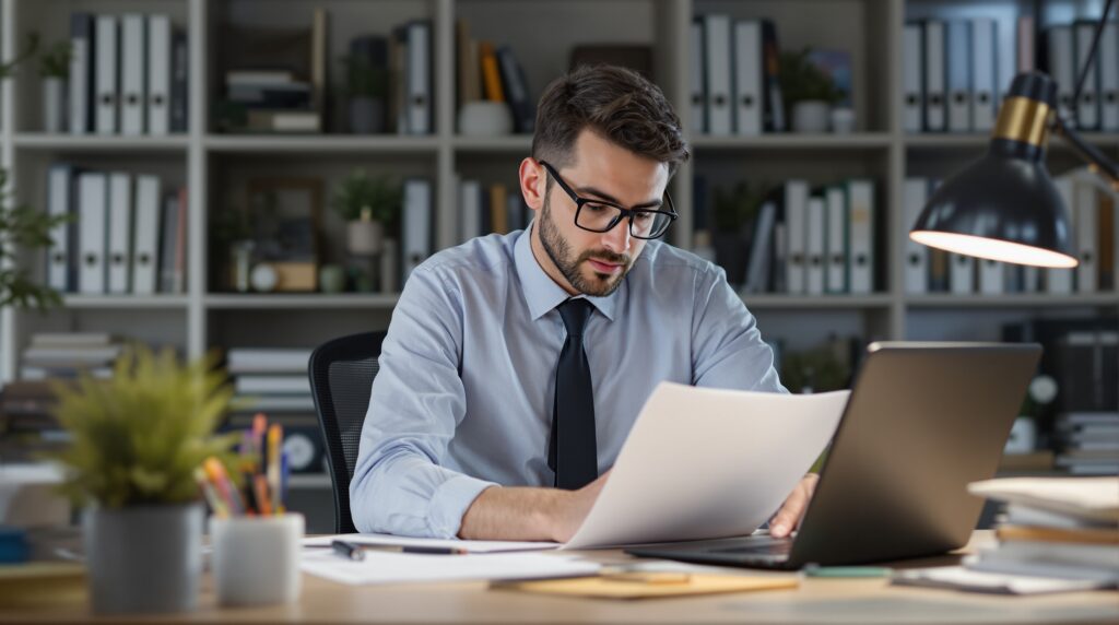 Man in a blue shirt and tie reviewing dissertation documents at a desk with a laptop, surrounded by bookshelves and office supplies, emphasizing confidentiality in academic work.