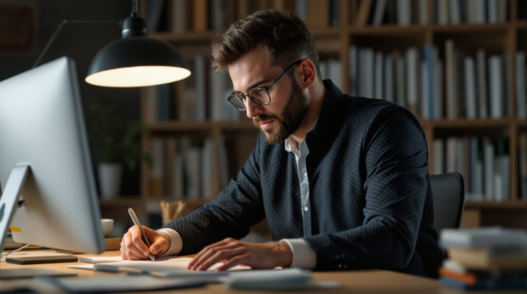 Man working on dissertation at desk with computer and books, focusing on technical content and research methodology.