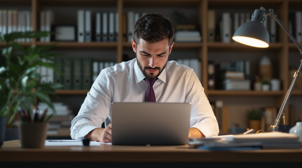 Man in formal attire focused on laptop, working on dissertation with books and stationery in background, illustrating citation formatting challenges for doctoral students.