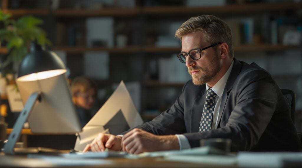 Professional man in suit studying dissertation feedback at desk, focused on revisions and notes in a scholarly environment.