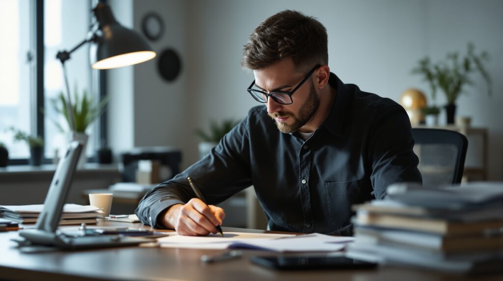 Man writing notes on dissertation in a well-lit office with stacks of papers and books.