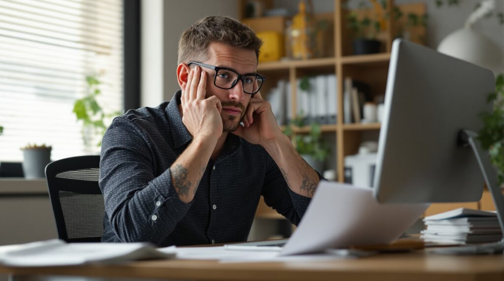 Man looking stressed while working on a dissertation at a desk with a computer and papers, illustrating concerns about editing and maintaining original voice.