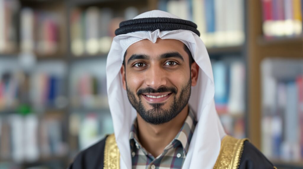 Smiling male student in traditional attire, standing in a library, representing diverse doctoral candidates seeking dissertation writing assistance.