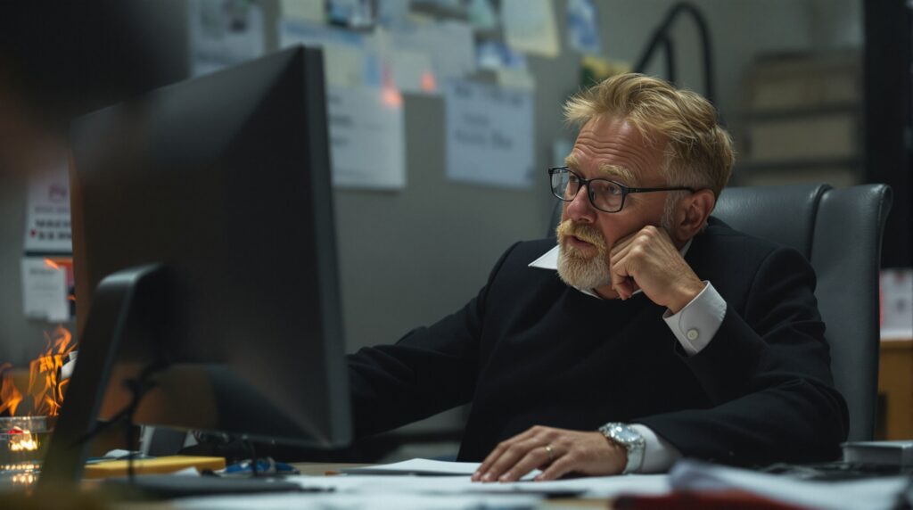 Man in a black sweater and glasses, focused on computer screen, contemplating revisions for dissertation with papers and notes in the background.