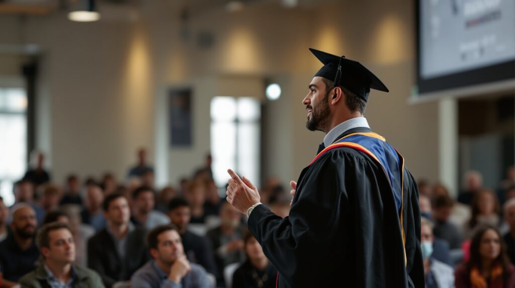 Man in graduation cap and gown delivering a speech to an audience, emphasizing academic success and dissertation guidance.