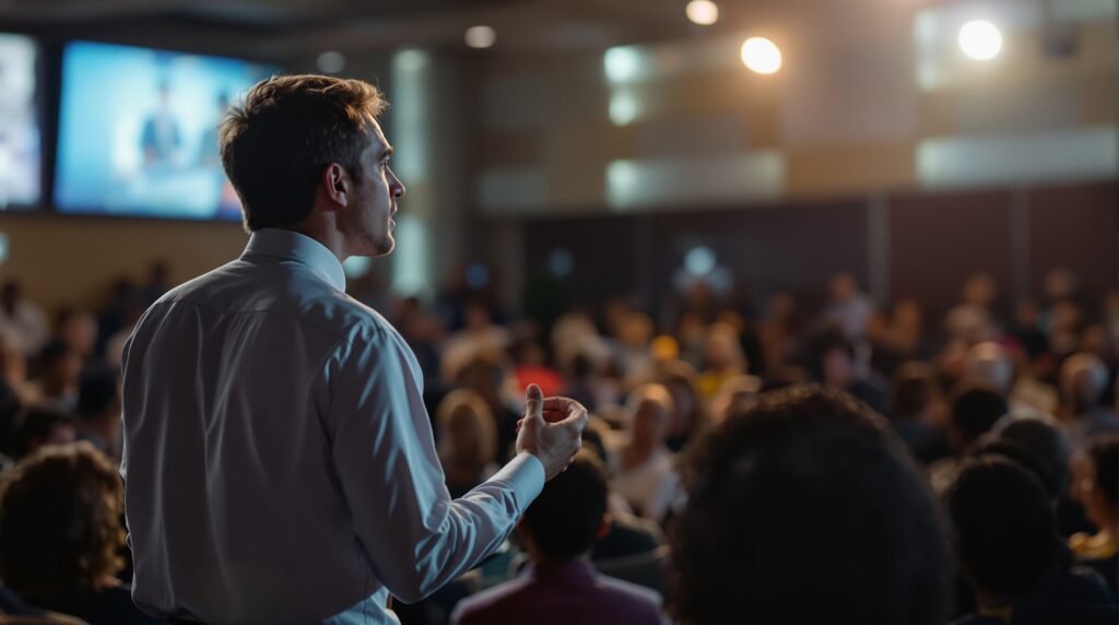 Speaker presenting to an audience in a conference setting, highlighting the importance of choosing feasible dissertation topics and avoiding common pitfalls in research proposals.